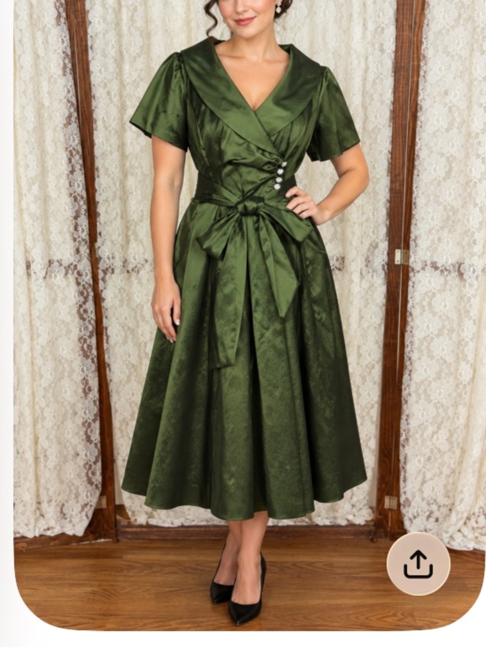 Pretty Dressbarn Green Satin Portrait Collar Formal Dress